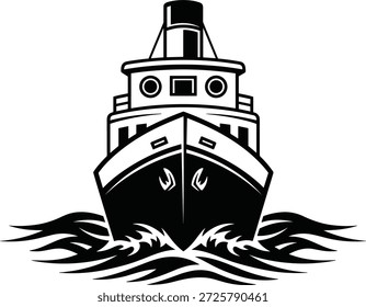Icono de vista frontal del barco con símbolos de anclaje, ventanas y olas para contenido de diseño marino, de viajes, de transporte, náutico y oceánico.