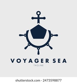 ship front view and steering wheel logo vector illustration design