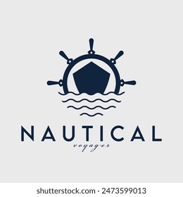 ship front view steering wheel and wave logo vector illustration design