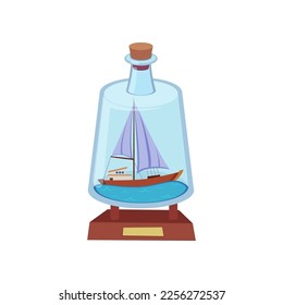 Ship in glass bottle with water vector illustration. Drawing of souvenir, miniature model of sea vessel with purple sails isolated on white background. Decoration, hobby or craft, adventure concept