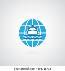ship and globe logo design on gray background 
