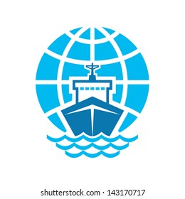 Ship & Globe Sign. Vector logo template. Design element. 