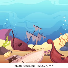 Cementerio de barcos. paisaje submarino con buques viejos dañados. Fondo de la caricatura vectorial