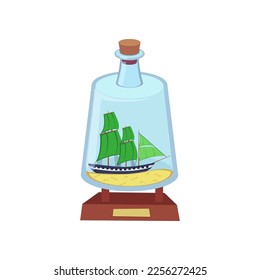 Ship with green sails in glass bottle vector illustration. Drawing of souvenir, miniature model of sea vessel with water isolated on white background. Decoration, hobby or craft, adventure concept