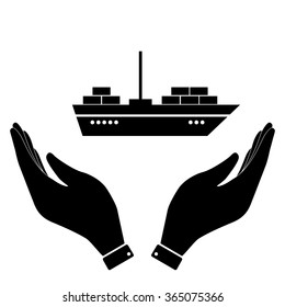 Ship in hand icon, care symbol vector illustration. Flat design style