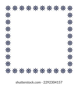 Ship helm icon frame, boat steering wheel border, yacht rudder vector illustration. Ship's wheel pictogram frame, yacht helm sigh border, vessel steering wheel nautical equipment card template.