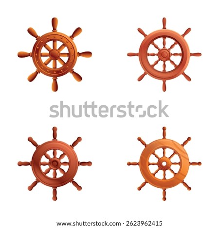Ship helm icons set cartoon vector. Various boat steer ship steering wheel. Boat and yacht retro wheel
