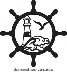 Ship Helm And Lighthouse Vector Clip Art, Black And White