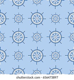 Ship helm seamless pattern marine boat wheel. Vector yacht boat navigation blue texture. Background with silhouette of steering wheel illustration