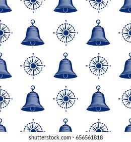 Ship helm seamless pattern marine boat wheel. Vector yacht boat navigation blue texture. Background with silhouette of steering wheel illustration