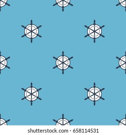 Ship helm seamless pattern marine boat wheel. Vector yacht boat navigation blue texture. Background with silhouette of steering wheel illustration