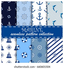 Ship helm seamless pattern marine boat wheel. Vector yacht boat navigation blue texture. Background with silhouette of steering wheel illustration