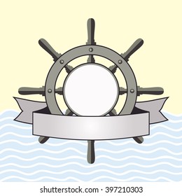 Ship helm vector background. Shipboard steering wheel with banner and blank space for your text. EPS8 illustration.