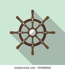 Ship helm vector icon in flat style with long shadow. Shipboard steering wheel with 8 handles. EPS10 illustration.