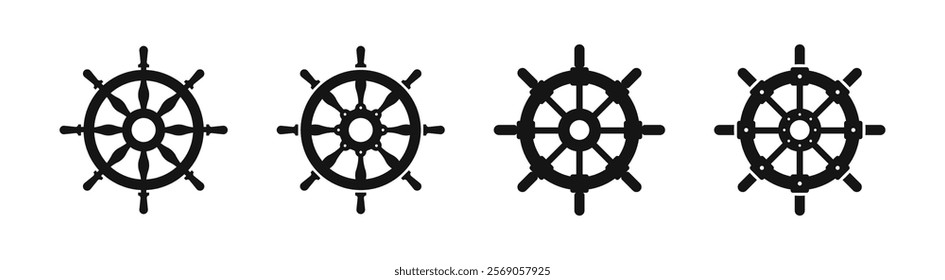 Ship helm vector icons. Nautical steering wheels. Steering wheel silhouettes.  Ship steering wheel signs