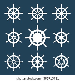 Ship helm vector icons set. Shipboard steering wheel signs isolated on dark blue. EPS8 vector illustration.