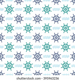 Ship helm vector seamless pattern. Shipboard steering wheels and waves continuous texture. EPS8 illustration.