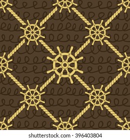 Ship helm vector seamless pattern. Shipboard steering wheels, nodes and ropes continuous texture. EPS8 illustration.