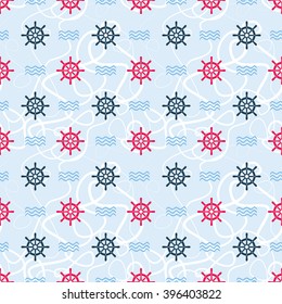 Ship helm vector seamless pattern. Shipboard steering wheels, tangled stripes and waves continuous texture. EPS8 illustration.