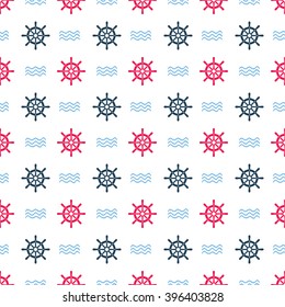 Ship helm vector seamless pattern. Shipboard steering wheel and waves continuous texture. EPS8 illustration.