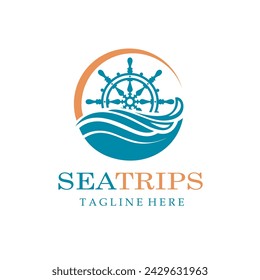 ship helm wheel icon with sea waves isolated on white background
