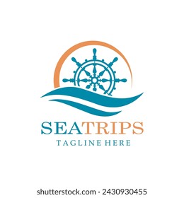 ship helm wheel icon with sea waves isolated on white background