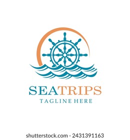 ship helm wheel icon with sea waves isolated on white background