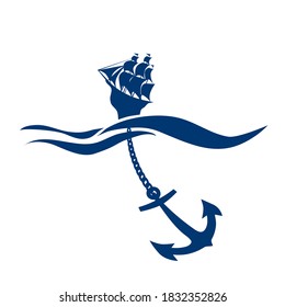 Ship and huge anchor silhouette concept poster template for web banners,  cards, wallpapers, backdrops, web and print projects. 