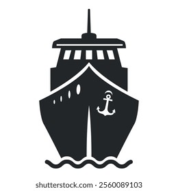 Ship icon with anchor and waves, done in solid black on white background, making it ideal for marine and navigation projects.