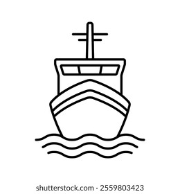 Ship icon. Black outline linear silhouette. Editable strokes. Front view. Vector simple flat graphic illustration. Isolated object on white background. Isolate.