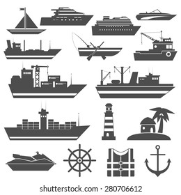 Ship icon black set with sailing cargo cruise vessels isolated vector illustration