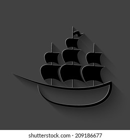 Ship icon - black vector illustration with shadow on dark background