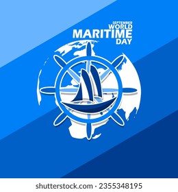 Ship icon, Boat Steering Wheel, earth and bold text on blue color palette to commemorate World Maritime Day on September