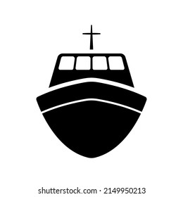 Icono de envío. Barco, yate. Silueta negra. Vista frontal. Ilustración gráfica plana vectorial simple. Objeto aislado sobre un fondo blanco. Aislar.