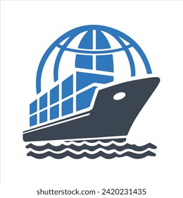 Ship icon. Cargo ship icon. Containers. Global trade. Goods icon