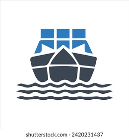 Ship icon. Cargo ship icon. Containers. Global trade. Goods icon