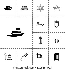 Ship icon. collection of 13 ship filled and outline icons such as boat, cargo container, cargo truck, rocket, sail, water military. editable ship icons for web and mobile.