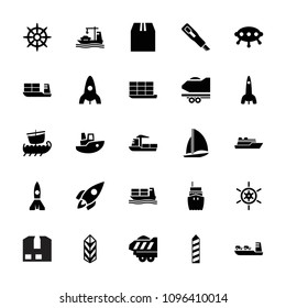 Ship icon. collection of 25 ship filled icons such as rocket, cargo, cargo container, helm, water military, ufo, boat, cutter. editable ship icons for web and mobile.