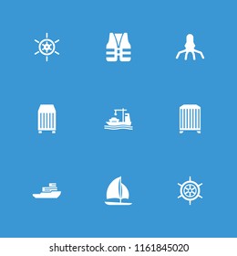 Ship icon. collection of 9 ship filled icons such as cargo container, sailboat, rocket, helm, life vest. editable ship icons for web and mobile.