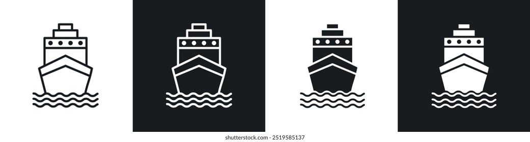 Ship icon collection in black and white filled and stroke line style.