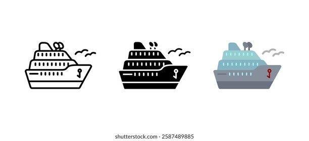 Ship icon. Cruise or boat travel sign. Nautical voyage symbol. Ocean and sea journey pictogram. Marine transportation illustration. Sailing adventure concept.