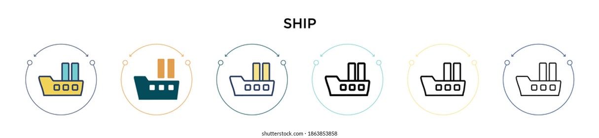 Ship icon in filled, thin line, outline and stroke style. Vector illustration of two colored and black ship vector icons designs can be used for mobile, ui, web
