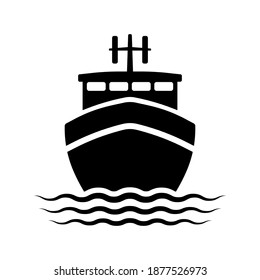Ship icon. Fishing boat. Black silhouette. Front view. Vector flat graphic illustration. The isolated object on a white background. Isolate. svg