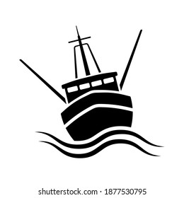 Ship Icon. Fishing Boat. Black Silhouette. Front View. Vector Flat Graphic Illustration. The Isolated Object On A White Background. Isolate.