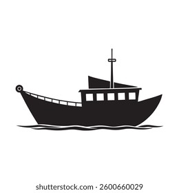 Ship icon. Fishing boat. Black silhouette. Front view. Vector flat graphic illustration, Silhouette of a Fishing Boat on the Water