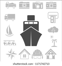 Ship icon flat. Black pictogram on grey background. Vector illustration symbol