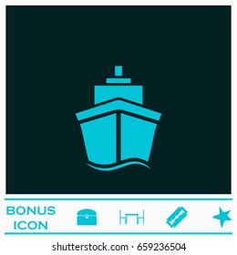 Ship icon flat. Blue pictogram on dark background. Vector illustration symbol and bonus icons