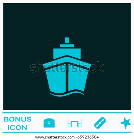 Ship icon flat. Blue pictogram on dark background. Vector illustration symbol and bonus icons