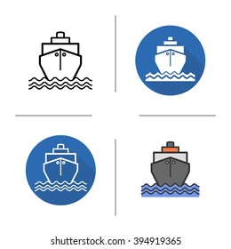 Ship icon. Flat design, linear and color styles. Sea transportation vessel. Cargo shipping. Tanker isolated vector illustrations