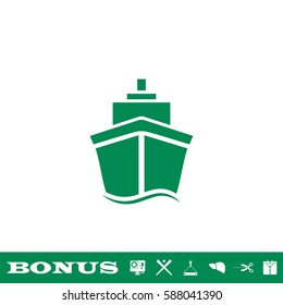 Ship icon flat. Green pictogram on white background. Vector illustration symbol and bonus button